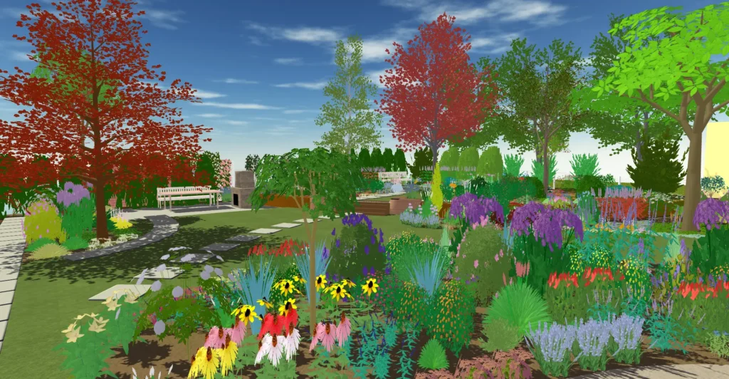 Árnyas kert, kiülővel, mini üvegházzal.